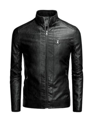 Men’s Casual Biker Stand Collar Black Leather Jacket