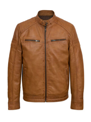 Men’s Casual Biker Tan Brown Leather Jacket