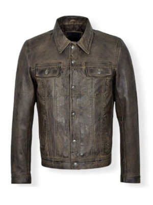 Men's Classic Trucker Distressed Brown Leather Jacket