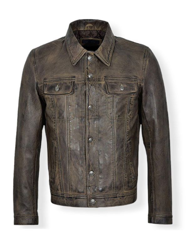 Men's Classic Trucker Distressed Brown Leather Jacket