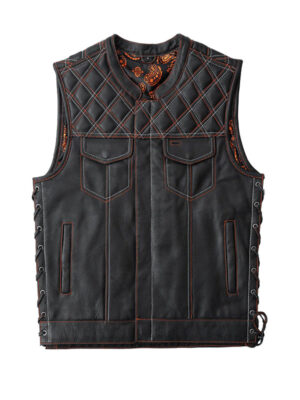 Men's Diamond Quilted Stitch Design Black Leather Vest