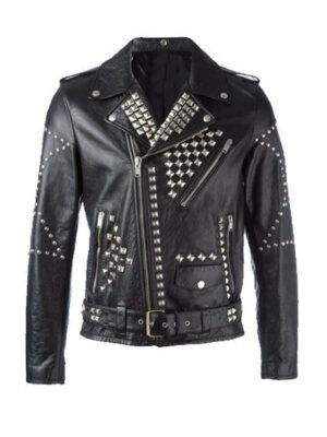 Men's Motor Biker Sliver Studded Leather Jacket