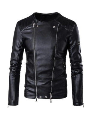 Men's Multi Zipper Black Sheepskin Biker Leather Jacket