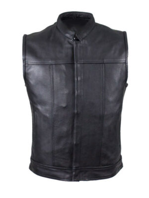 Men's Plain Black Biker Cowhide Leather Vest