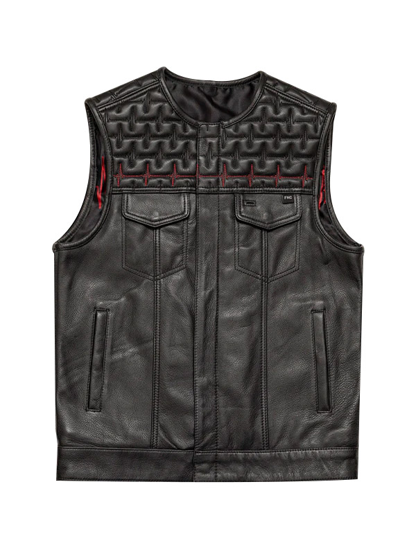 Men's Quilted Black Biker Sheepskin Leather Vest