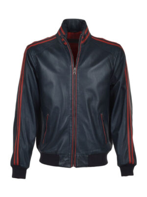 Men's Red Strip Motor Biker Black Leather Jacket