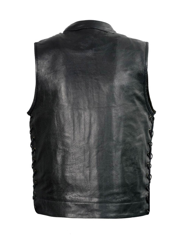 Men’s Side Lace Biker Flap Pocket Leather Vest