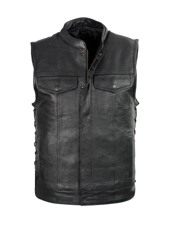 Men’s Side Lace Biker Flap Pocket Leather Vest