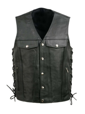 Men's Side Lace Up Fashion Black Biker Leather Vest