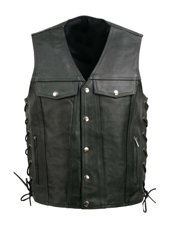 Men's Side Lace Up Fashion Black Biker Leather Vest