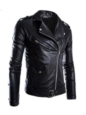 Men’s Slim Biker Motorcycle Black Leather Jacket
