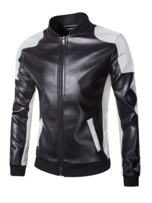 Men's Slimfit Biker Black White Faux Leather Jacket