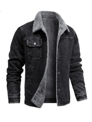 Men's Slimfit Black Denim Shearling Lining Jacket