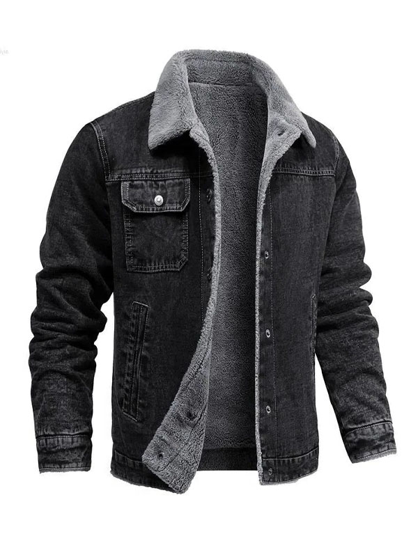 Men's Slimfit Black Denim Shearling Lining Jacket