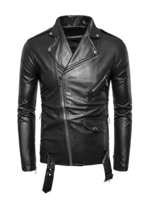 Men's Slimfit Casual Belted Black Leather Biker Jacket