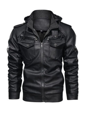 Men's Slimfit Hooded Style Black Leather Jacket