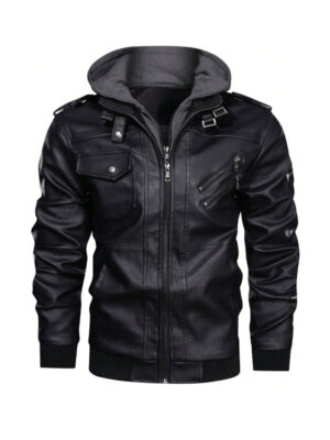 Men's Slimfit Zipper Hooded Style Leather Jacket