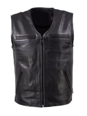 Men's V Neck Style Black Motor Biker Leather Vest