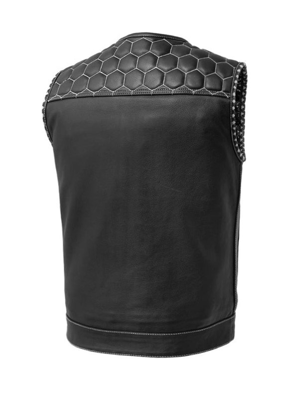 Men's White Stich Quilted Biker Black Leather Vest