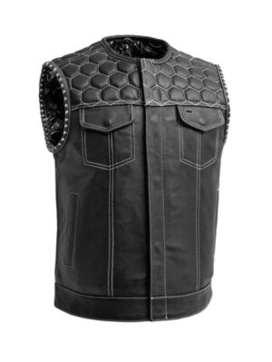 Men's White Stich Quilted Biker Black Leather Vest