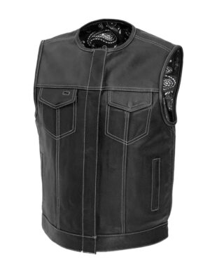 Men's White Stitched Style Black Biker Leather Vest