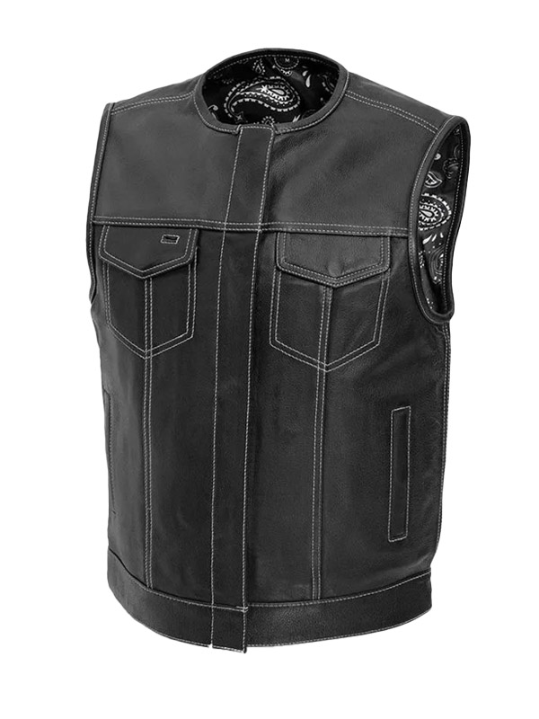Men's White Stitched Style Black Biker Leather Vest