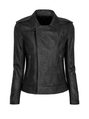 Women's Asymmetrical Distressed Black Leather Jacket