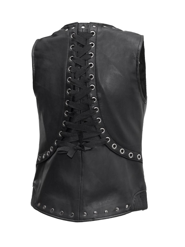 Women's Back Lace Work Biker Black Leather Vest