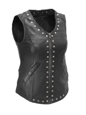 Women's Back Lace Work Biker Black Leather Vest