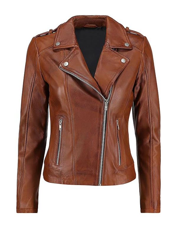 Women's Brando Biker Tan Brown Leather Jacket