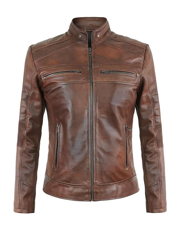 Women’s Brown Cafe Racer Leather Biker Jacket