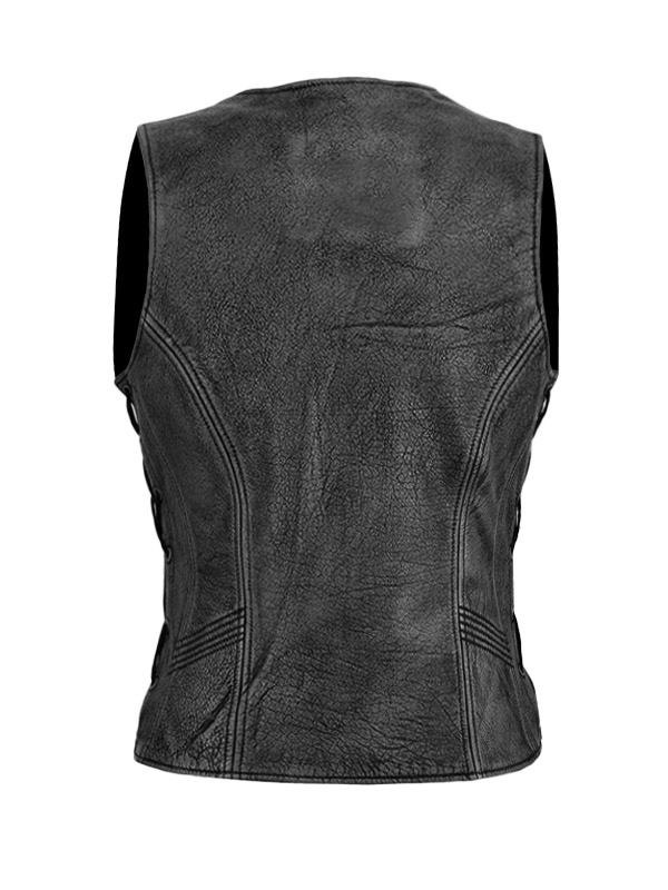 Women's Classic Biker Distressed Black Leather Vest