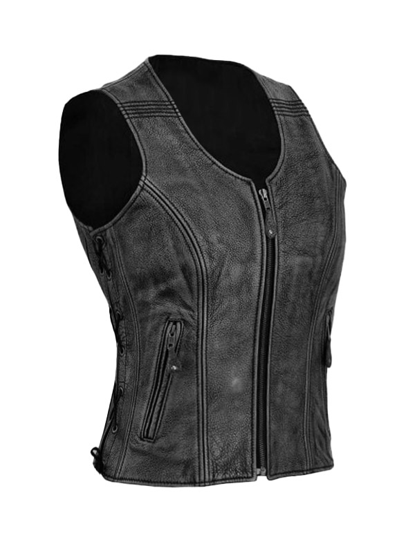 Women's Classic Biker Distressed Black Leather Vest