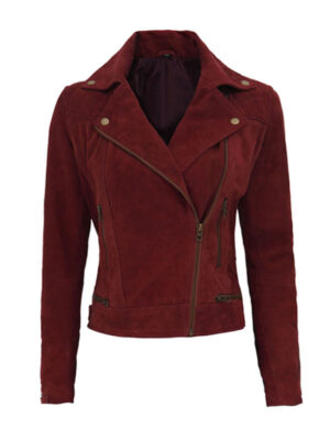 Women's Classic Style Quilted Red Biker Suede Leather Jacket