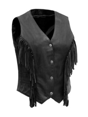 Women's Cowgirl Fringe Style Black Leather Vest