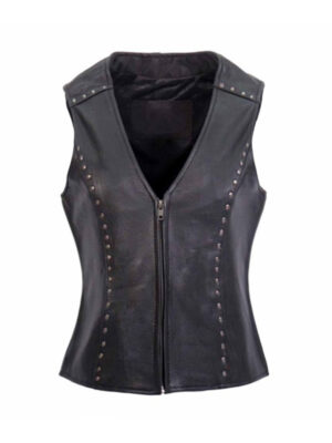 Women's Cowgirl V Neck Black Leather Vest