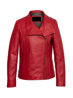 Women's Cross Zipper Distressed Red Leather Jacket
