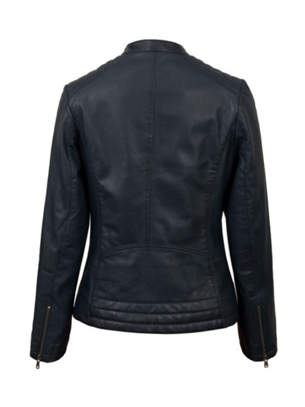 Women’s Zip Up Motorcycle Biker Dark Blue Leather Jacket