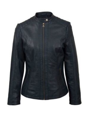 Women’s Zip Up Motorcycle Biker Dark Blue Leather Jacket