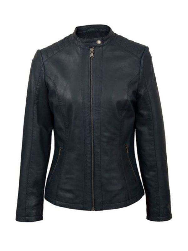 Women’s Zip Up Motorcycle Biker Dark Blue Leather Jacket