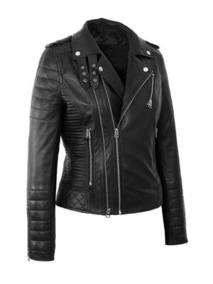 Women’s Cross Zipper Motorcycle Biker Black Leather Jacket