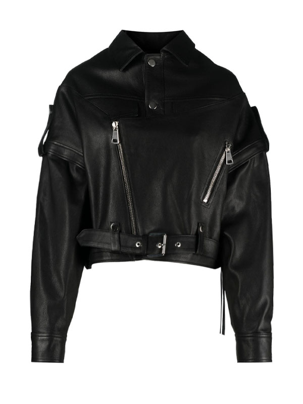 Women's Detachable Sleeves Black Biker Leather Jacket