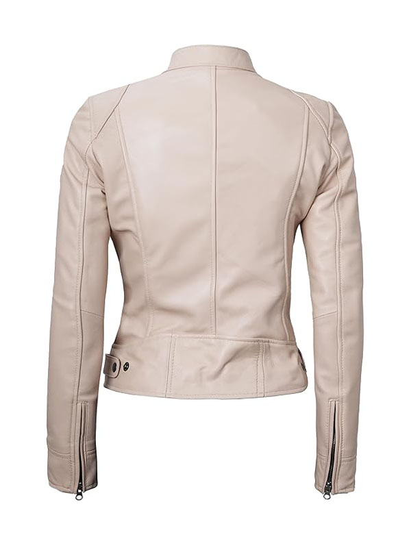 Women's Dodge Beige And White Cafe Racer Leather Jacket