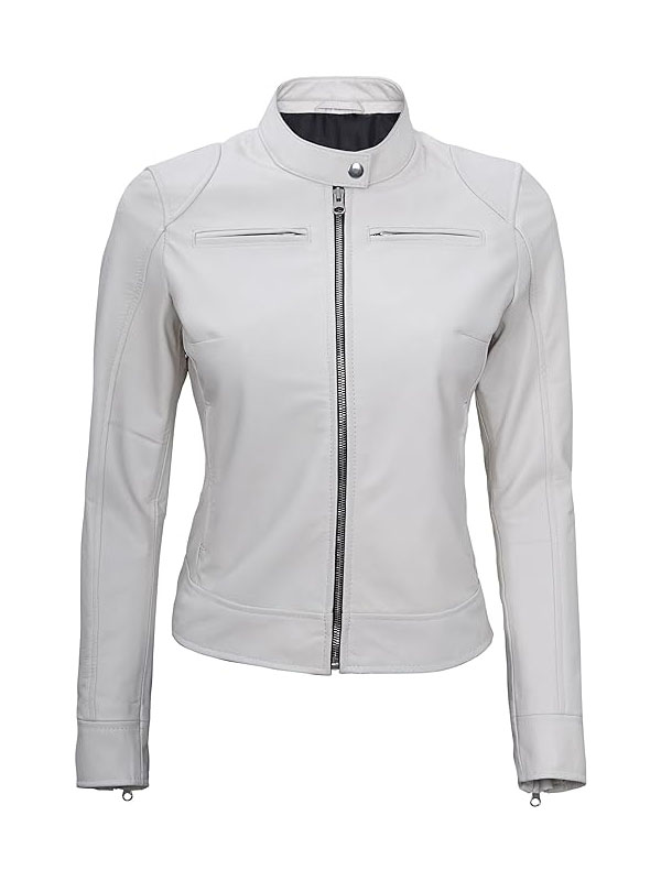 Women's Dodge Beige And White Cafe Racer Leather Jacket