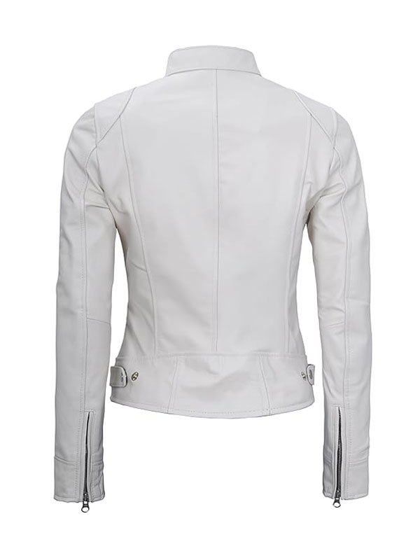 Women's Dodge Beige And White Cafe Racer Leather Jacket
