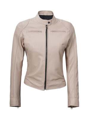 Women's Dodge Beige And White Cafe Racer Leather Jacket