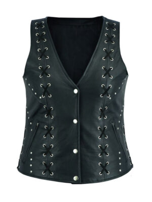 Women's Lace Work Design Black Leather Vest