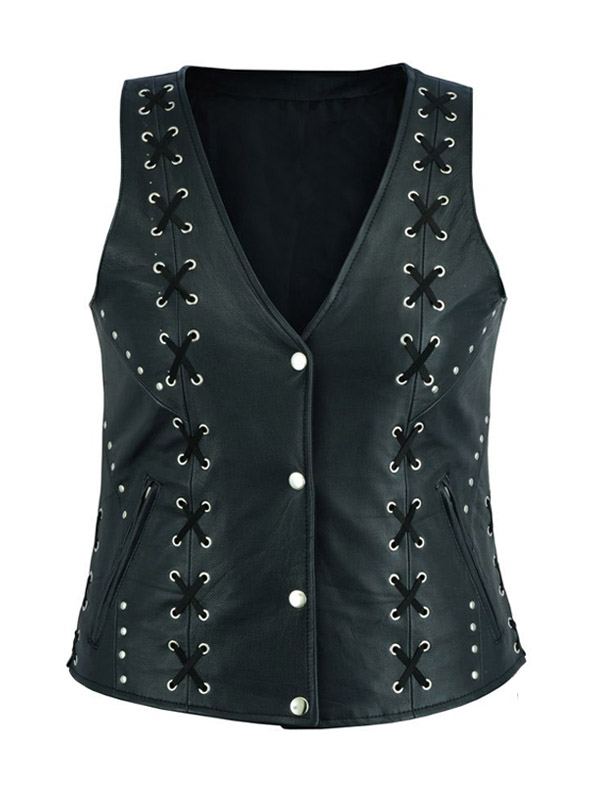 Women's Lace Work Design Black Leather Vest