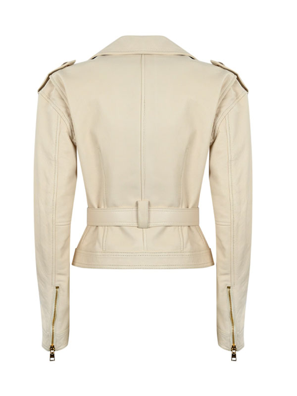 Women's Slimfit Classic Belted Cream Leather Jacket