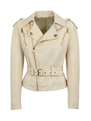 Women's Slimfit Classic Belted Cream Leather Jacket